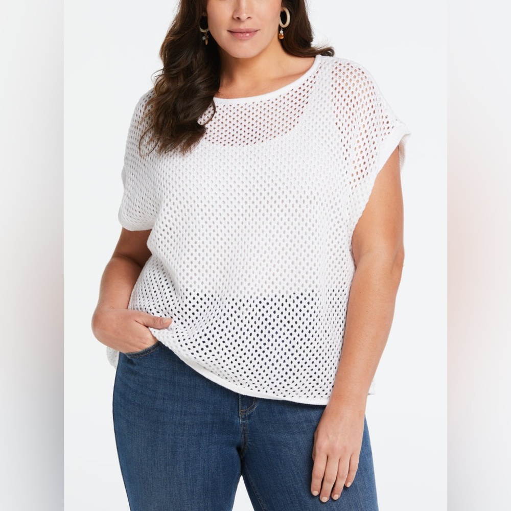 Lane Bryant Cotton Crochet Open Knit Boxy V-Neck Batwing Short Sleeve Poncho Top - Picture 15 of 16